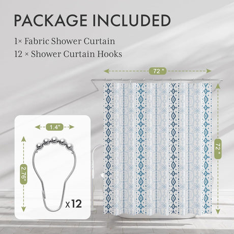 AmazerBath Boho Haven Geometric Shower Curtain with 12 Rings in Blue, product gallery view highlighting the design and fin...