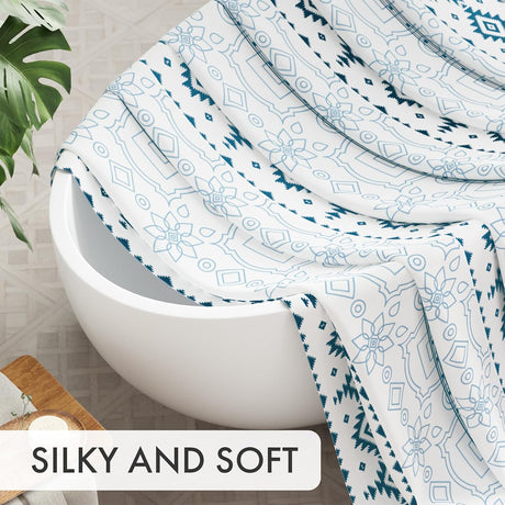 AmazerBath Boho Haven Geometric Shower Curtain with 12 Rings in Blue, product gallery view highlighting the design and fin...
