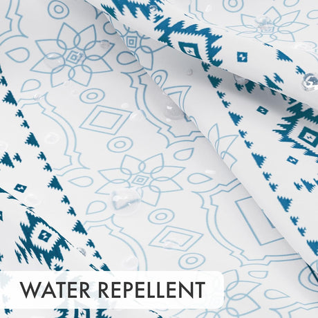 AmazerBath Boho Haven Geometric Shower Curtain with 12 Rings in Blue, product gallery view highlighting the design and fin...
