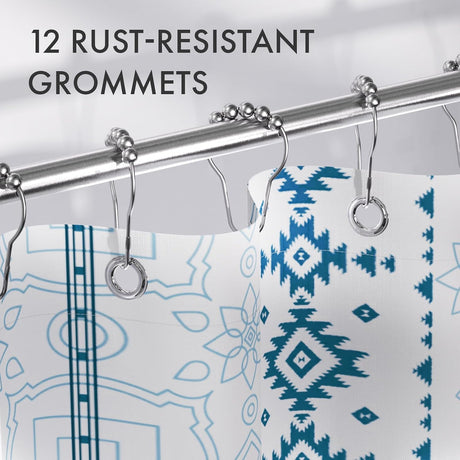 AmazerBath Boho Haven Geometric Shower Curtain with 12 Rings in Blue, product gallery view highlighting the design and fin...