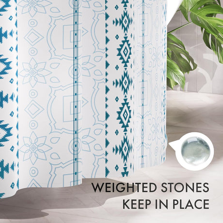 AmazerBath Boho Haven Geometric Shower Curtain with 12 Rings in Blue, product gallery view highlighting the design and fin...