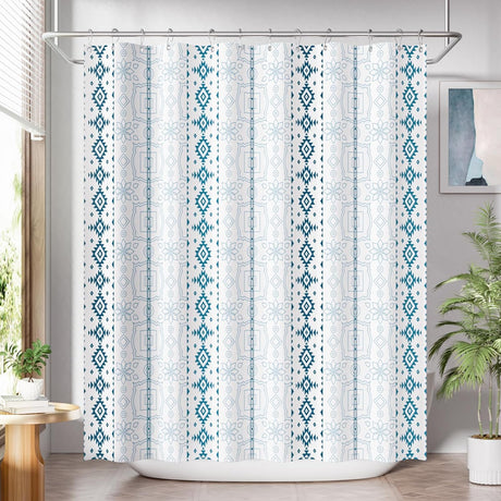 AmazerBath Boho Haven Geometric Shower Curtain with 12 Rings in Blue, main product image showing the selected variant.