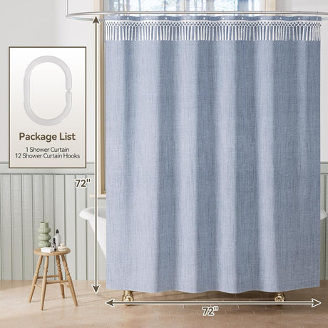 AmazerBath Farmhouse Faux Linen Shower Curtain with Top Tassels in Blue, product detail image.