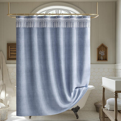 AmazerBath Farmhouse Faux Linen Shower Curtain with Top Tassels in Blue, product detail image.