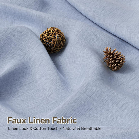 AmazerBath Farmhouse Faux Linen Shower Curtain with Top Tassels in Blue, product detail image.