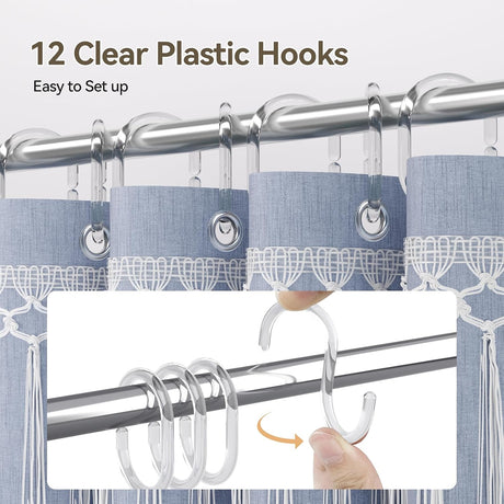 AmazerBath Farmhouse Faux Linen Shower Curtain with Top Tassels in Blue, product detail image.