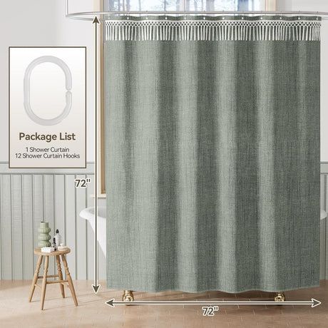AmazerBath Farmhouse Faux Linen Shower Curtain with Top Tassels in Green, product detail image.