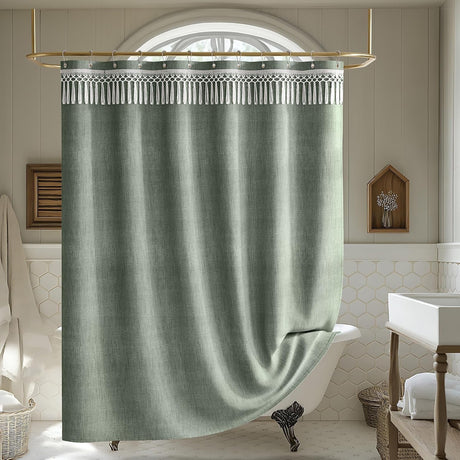 AmazerBath Farmhouse Faux Linen Shower Curtain with Top Tassels in Green, product detail image.