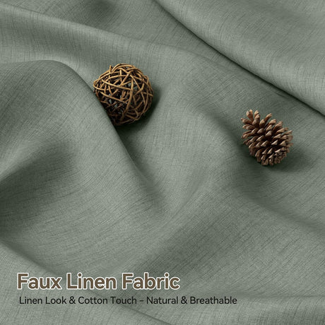 AmazerBath Farmhouse Faux Linen Shower Curtain with Top Tassels in Green, product detail image.