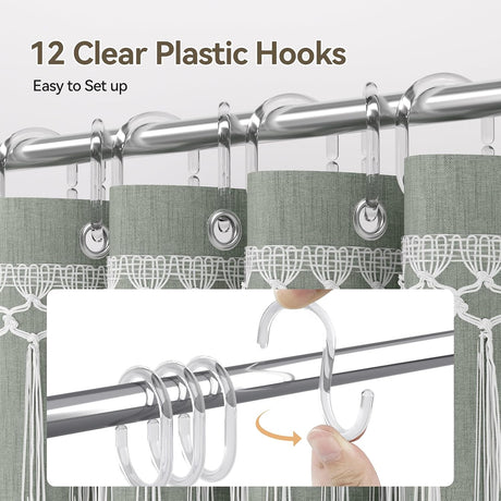 AmazerBath Farmhouse Faux Linen Shower Curtain with Top Tassels in Green, product detail image.
