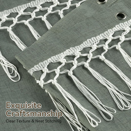 AmazerBath Farmhouse Faux Linen Shower Curtain with Top Tassels in Green, product detail image.