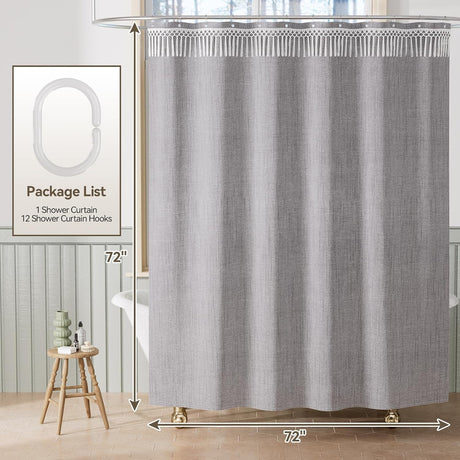 AmazerBath Farmhouse Faux Linen Shower Curtain with Top Tassels in Grey, product detail image.