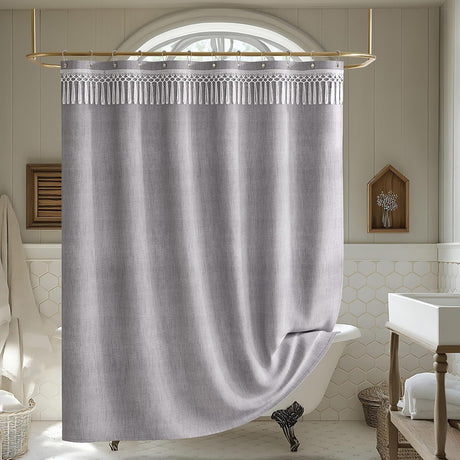 AmazerBath Farmhouse Faux Linen Shower Curtain with Top Tassels in Grey, product detail image.