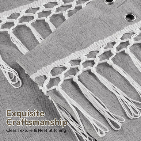 AmazerBath Farmhouse Faux Linen Shower Curtain with Top Tassels in Grey, product detail image.