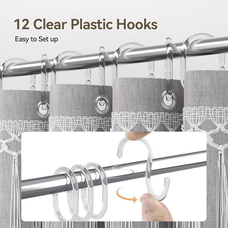 AmazerBath Farmhouse Faux Linen Shower Curtain with Top Tassels in Grey, product detail image.