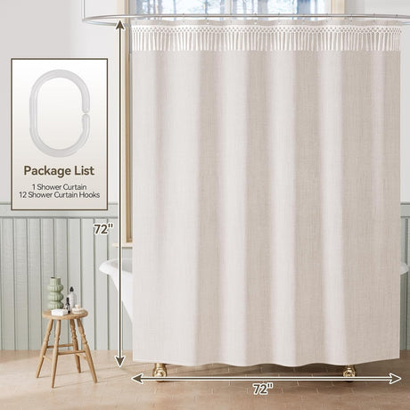 AmazerBath Farmhouse Faux Linen Shower Curtain with Top Tassels in Natural, product detail image.