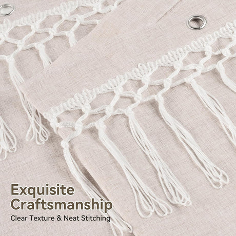 AmazerBath Farmhouse Faux Linen Shower Curtain with Top Tassels in Natural, product detail image.