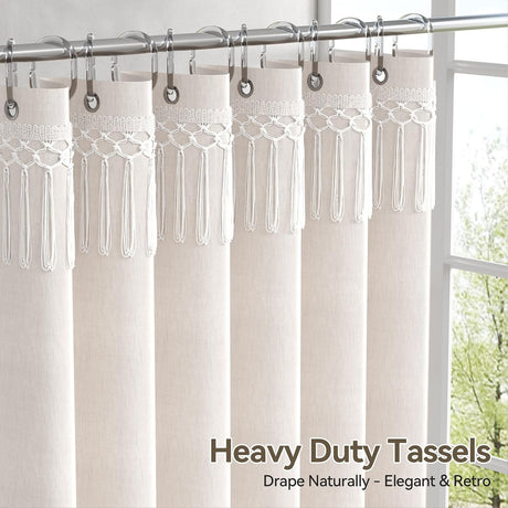 AmazerBath Farmhouse Faux Linen Shower Curtain with Top Tassels in Natural, product detail image.