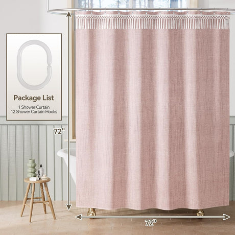 AmazerBath Farmhouse Faux Linen Shower Curtain with Top Tassels in Pink, product detail image.