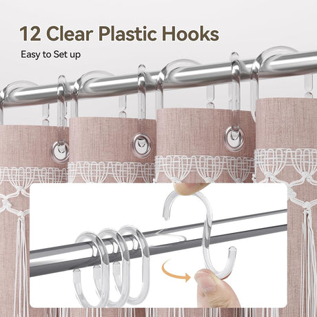 AmazerBath Farmhouse Faux Linen Shower Curtain with Top Tassels in Pink, product detail image.