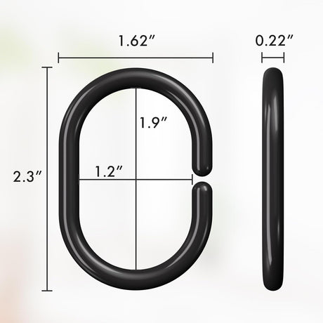 AmazerBath Black C-shaped plastic shower curtain rings, product gallery image showing design details and features.