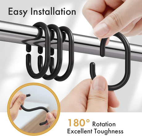 AmazerBath Black C-shaped plastic shower curtain rings, product gallery image showing design details and features.