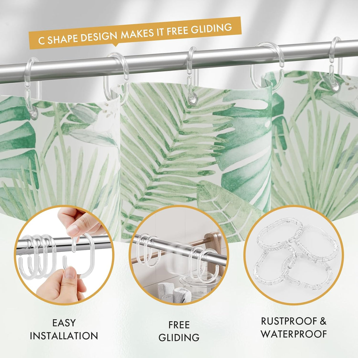 AmazerBath Clear C-shaped plastic shower curtain rings, product gallery image showing design details and features.
