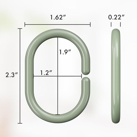 AmazerBath Sage Green C-shaped plastic shower curtain rings, product gallery image showing design details and features.