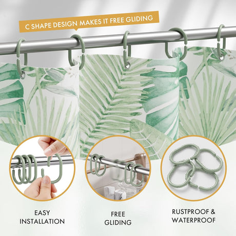 AmazerBath Sage Green C-shaped plastic shower curtain rings, product gallery image showing design details and features.