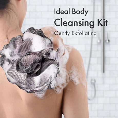 AmazerBath grey charcoal loofah sponge from a set of four used for gentle exfoliation during a shower.