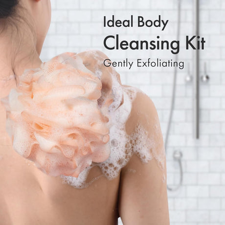 AmazerBath melon charcoal loofah sponge from a set of four used for gentle exfoliation during a shower.
