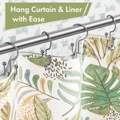 Chrome double shower curtain hooks hanging a decorative curtain and liner separately with ease.