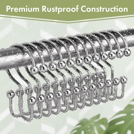 Set of 12 chrome metal double shower curtain hooks with a premium rustproof finish on a shower rod.