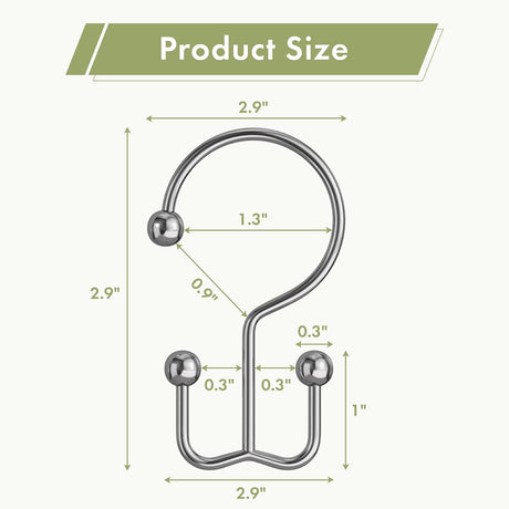 Chrome minimalist double shower curtain hook with detailed 2.9-inch dimensions and dual-hook measurements.
