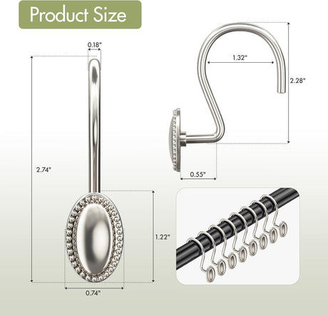 AmazerBath Classic Oval Shower Curtain Hooks, Set of 12 in Nickel, product gallery view highlighting the design and finish.