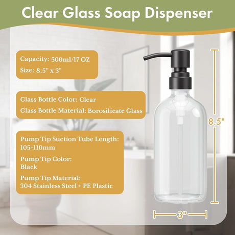 AmazerBath Clear Glass Soap Dispensers, 2-Pack in Clear Black, product gallery view highlighting the design and finish.