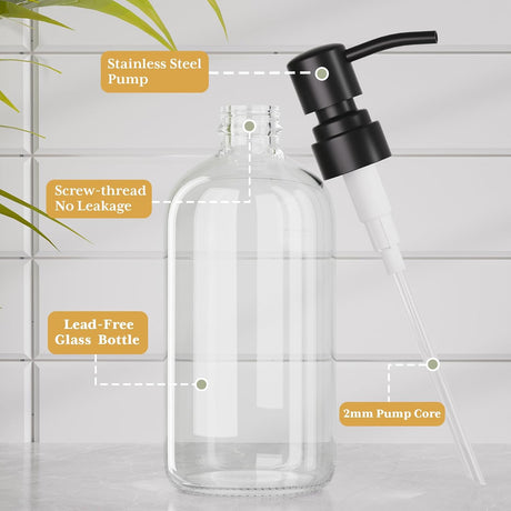 AmazerBath Clear Glass Soap Dispensers, 2-Pack in Clear Black, product gallery view highlighting the design and finish.