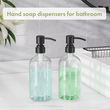 AmazerBath Clear Glass Soap Dispensers, 2-Pack in Clear Black, product gallery view highlighting the design and finish.