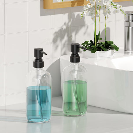 AmazerBath Clear Glass Soap Dispensers, 2-Pack in Clear Bronze, product gallery view highlighting the design and finish.