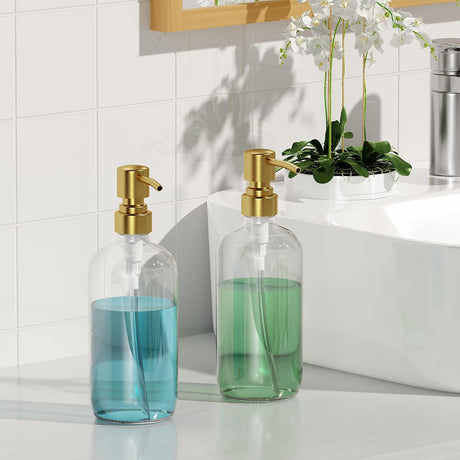 AmazerBath Clear Glass Soap Dispensers, 2-Pack in Clear Gold, product gallery view highlighting the design and finish.
