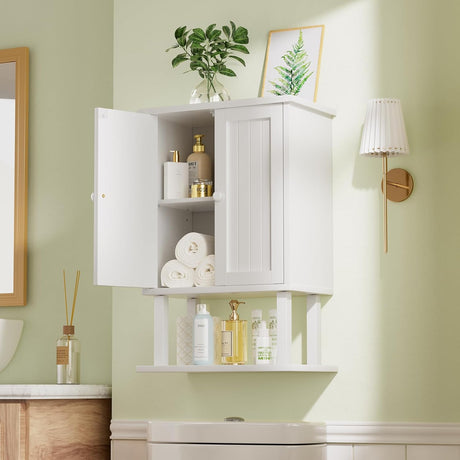 AmazerBath white 15.7-inch bamboo wall cabinet with double doors and open shelf above a toilet.