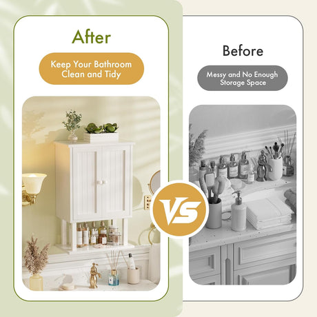 AmazerBath white 15.7-inch bamboo wall cabinet organizing toiletries compared with a cluttered bathroom counter.