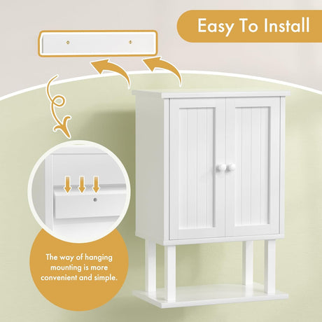 AmazerBath white 15.7-inch bamboo wall cabinet showing the wall-mounting bracket installation.