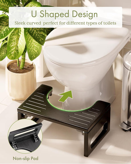 AmazerBath Collapsible Bamboo Toilet Stool in Black, product gallery view highlighting the design and finish.