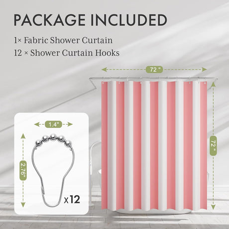 AmazerBath Color Block Striped Shower Curtain with 12 Rings in Pink & White, product gallery view highlighting the design ...