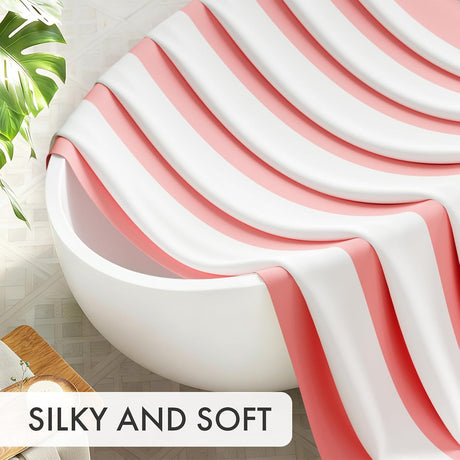 AmazerBath Color Block Striped Shower Curtain with 12 Rings in Pink & White, product gallery view highlighting the design ...