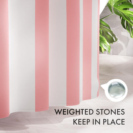 AmazerBath Color Block Striped Shower Curtain with 12 Rings in Pink & White, product gallery view highlighting the design ...