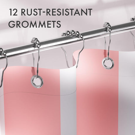 AmazerBath Color Block Striped Shower Curtain with 12 Rings in Pink & White, product gallery view highlighting the design ...