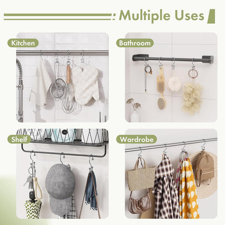 AmazerBath chrome cylindrical metal shower curtain hooks used in bathroom, kitchen, shelf, and wardrobe areas.