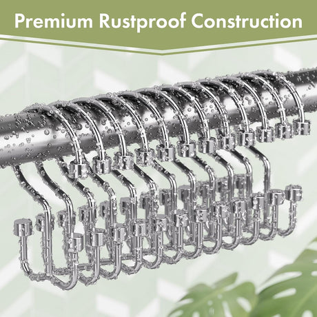 Set of AmazerBath chrome cylindrical metal shower curtain hooks showing premium rustproof construction.